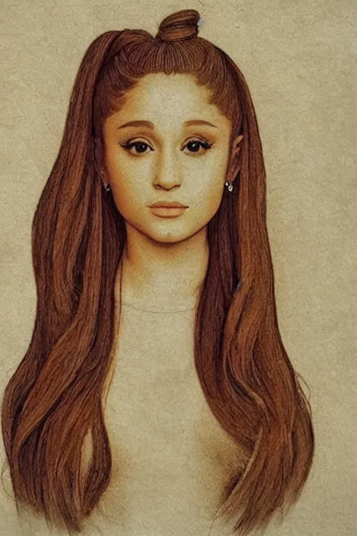 Prompt: a portrait of ariana grande in the style of leonardo da vinci drawing,, single head, no double head,