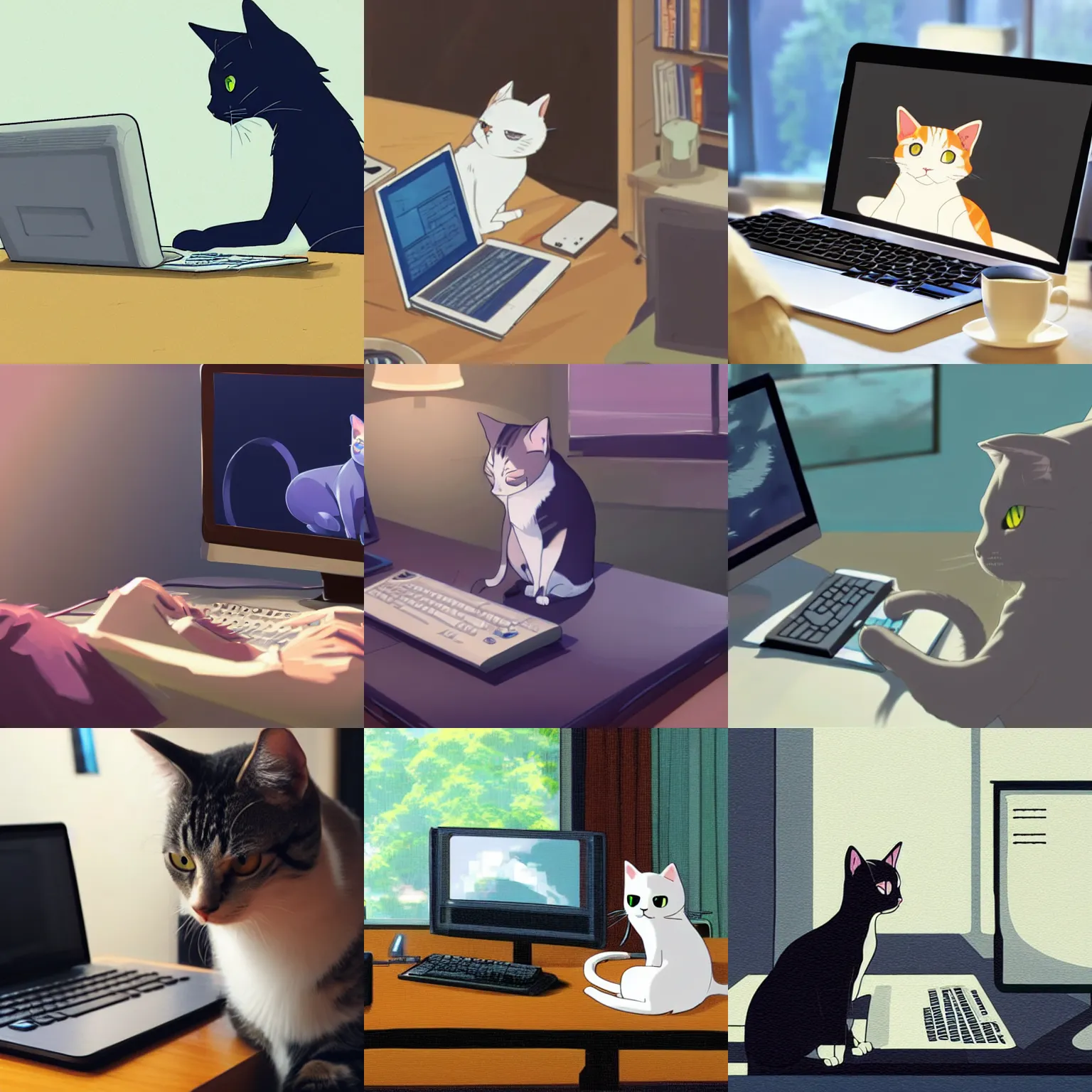 Prompt: a cat using a desktop computer, by makoto shinkai