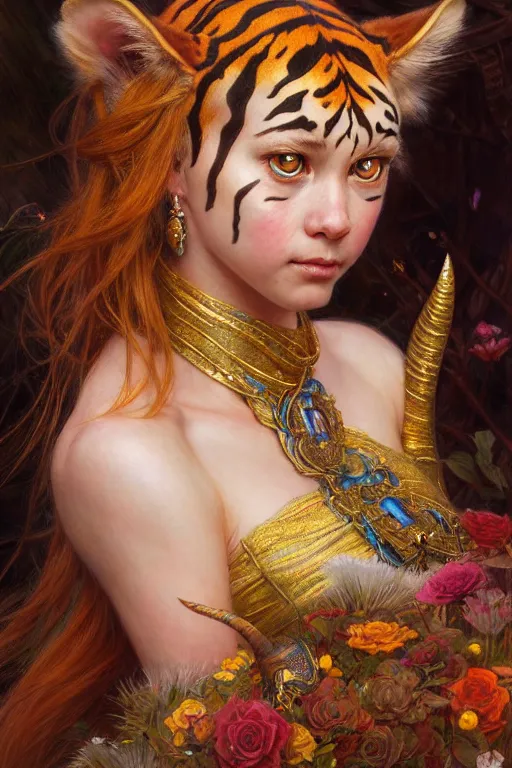 Image similar to highly detailed full shot portrait of a enchanted tiger in the form of a beautiful young princess. d & d, art by donato giancola and ruan jia and carl larsson and magali villeneuve. trending on artstation, intricate details, energetic composition, golden ratio, concept art, illustration, elegant art