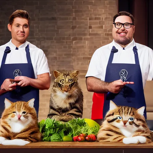 Image similar to anthropomorphic cats competing at masterchef TV show, studio shot