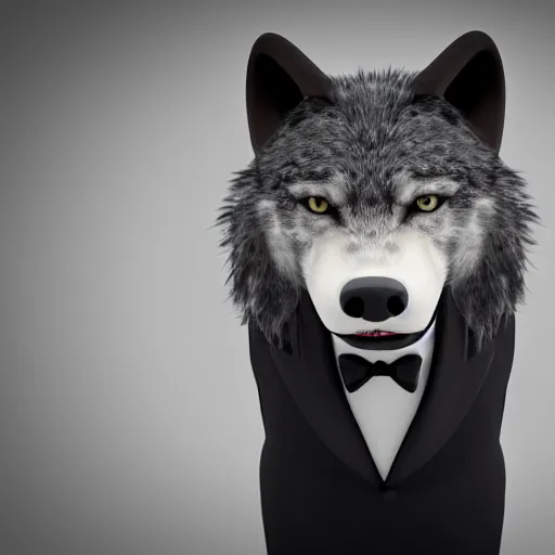 Prompt: 3 d render of a wolf as a gentleman wearing tuxedo on a studio shot, studio lighting, cinematic perspective, full hd