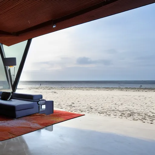 Prompt: modern futuristic interier living room on the beach, pfotograph, godrays