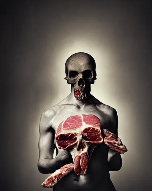 Image similar to an angel with a skull made of meat for the head, megalophobia, dramatic lighting, cinematic, organic painting, dark, bold shapes, by caravaggio, dramatic lighting, horror, blood, god rays, angelical