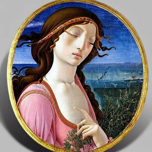 Prompt: an ultradetailed mythological oil painting of a beautiful goddess with long brown hair, full body, wearing pink floral chiton, sleeping on a giant scallop shell, near the seashore, intricate lines, elegant, renaissance style, by sandro botticelli