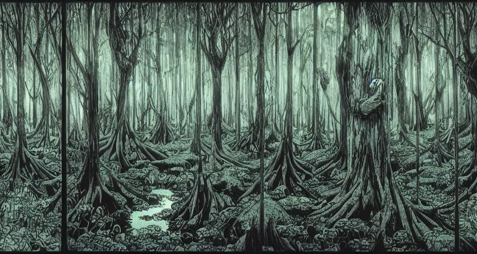 Image similar to A dense and dark enchanted forest with a swamp, by Hajime Isayama