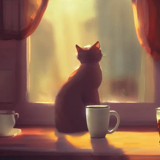 Image similar to a cat in the tavern holding a mug of beer, early morning light from window, craig mullins, hayao miyasaki, artstation, 3 d render, octane