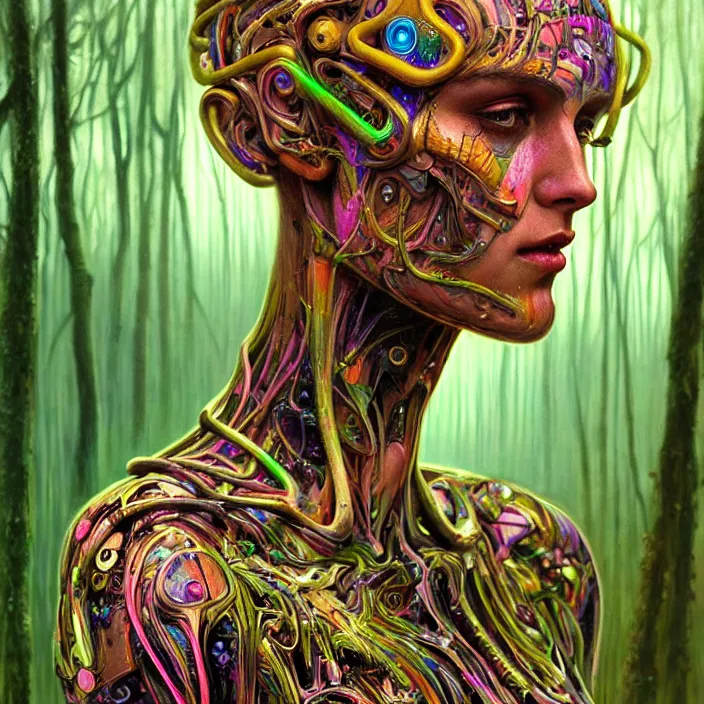 Image similar to bright psychedelic portrait of organic cyborg covered in mud in an ancient forest, diffuse lighting, fantasy, intricate, elegant, highly detailed, lifelike, photorealistic, digital painting, artstation, illustration, concept art, smooth, sharp focus, art by John Collier and Albert Aublet and Krenz Cushart and Artem Demura and Alphonse Mucha