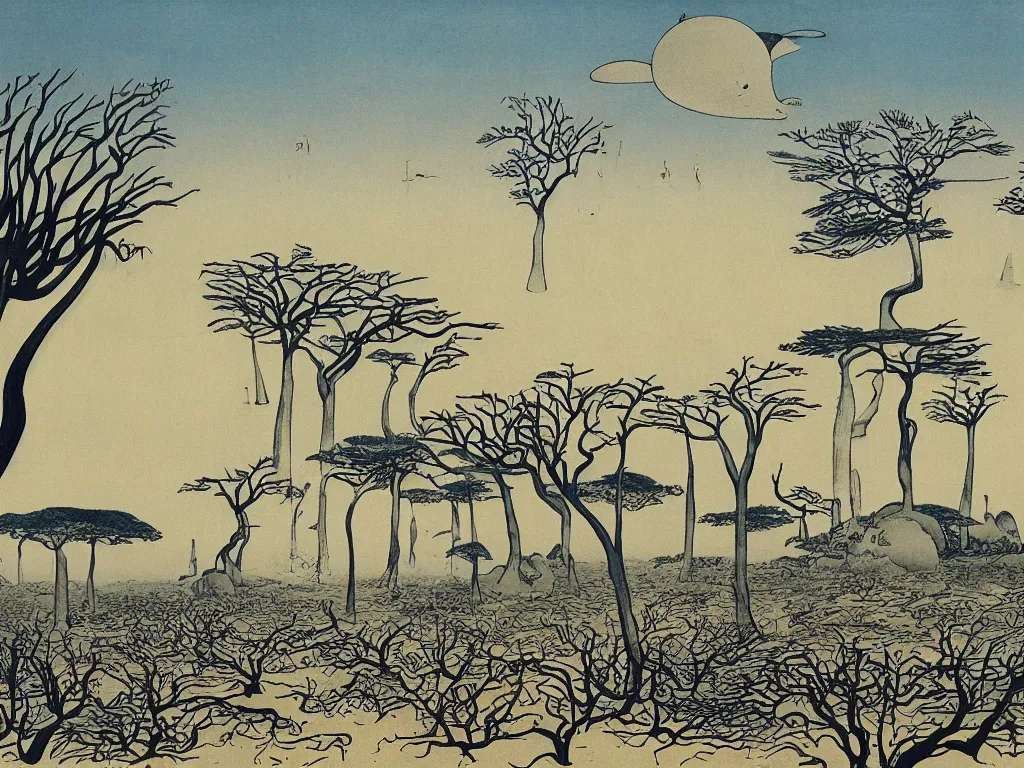 Image similar to Socotra island with baobab trees and sandstorm. Artwork by Yves Tanguy, Hiroshige