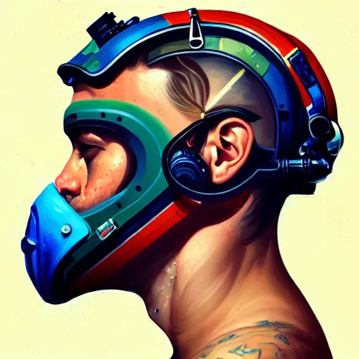 Prompt: a profile photo of a man with underwater helmet with tattoos on arm and neck, side profile in underwater, highly detailed, digital painting, artstation, illustration by Sandra Chevrier