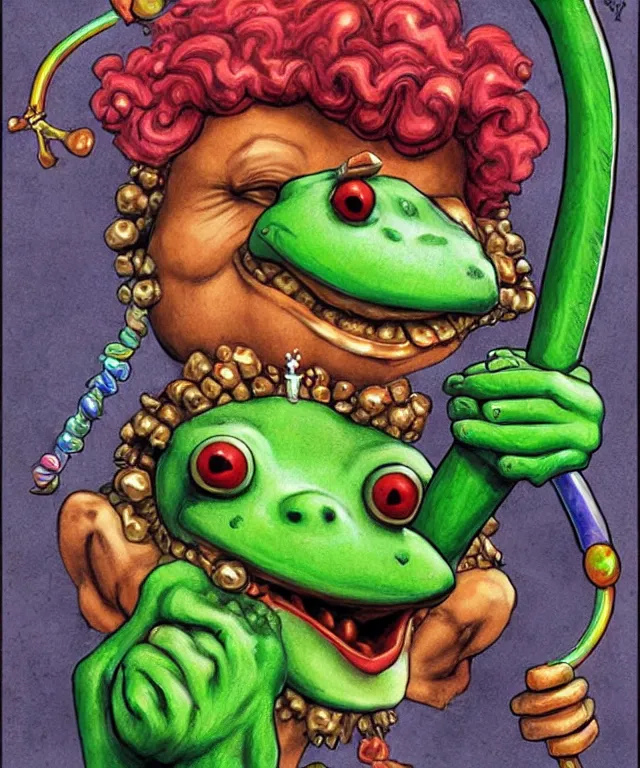 Prompt: clown frog king pulls the sword from the stone, clown frog king wearing clown makeup and rainbow wig, clown crown artwork by Glenn Fabry