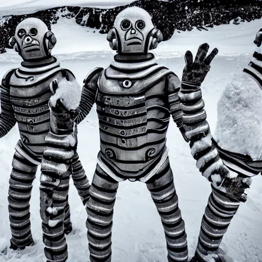 Image similar to cybermen in antarctica, creepy, black and white, 8mm