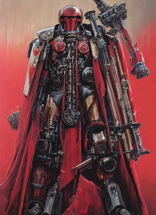 Image similar to portrait of human head adeptus mechanicus in red hood and robe from Warhammer 40000. Highly detailed, artstation, illustration by and John Blanche and zdislav beksinski and wayne barlowe