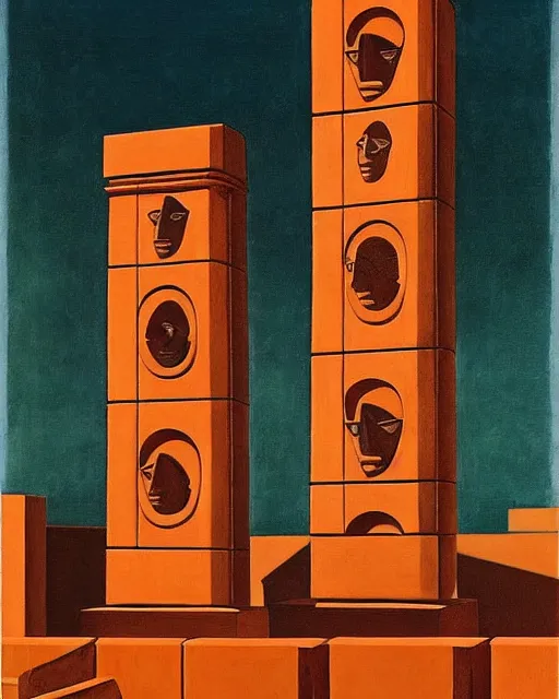 Image similar to painting by giorgio de chirico. grotesque faceless stone statues in a surreal stone city. dark orange, dark teal, brown, marble. uncanny statues on a flat roof with an ancient skyline silhouette against a dark teal sky.
