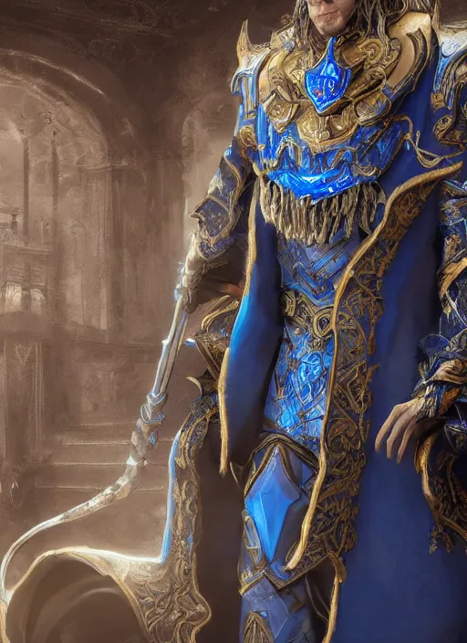 Image similar to concept art, full body portrait of king sorcerers, ornate, Blue and silver, armor, robes, Hyperrealistic, 4K, Unreal Engine, Highly Detailed, Dramatic Lighting, Beautiful