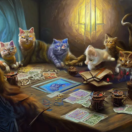 Image similar to party of cats playing dungeons and dragons, oil on canvas, surrealism, highly detailed, masterpiece, award - winning, artstationhd