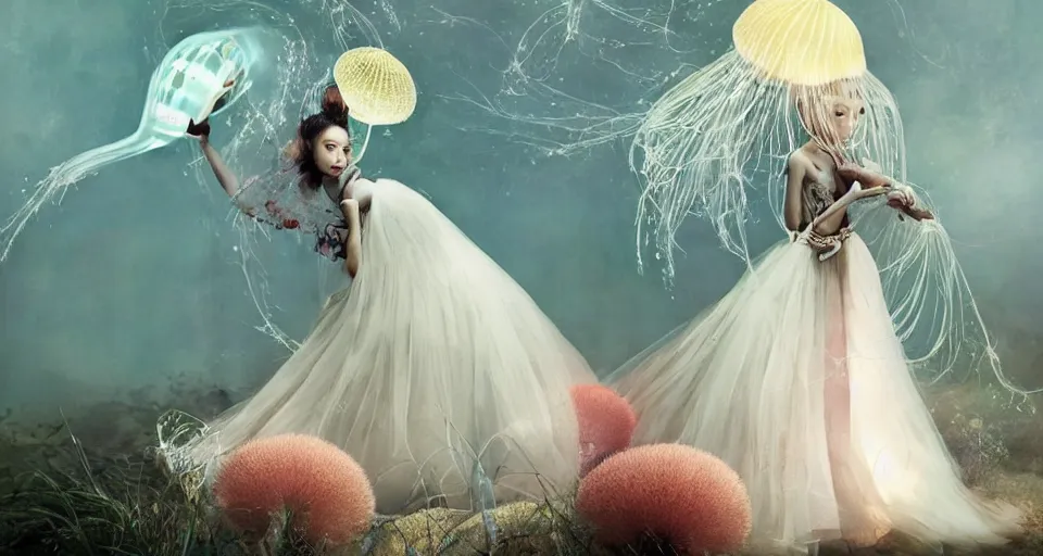 Image similar to asian female wearing a luminous jelly fish armor. soft. fragile. by ray caesar. by louise dahl - wolfe. by andrea kowch. by anna claren. surreal photography