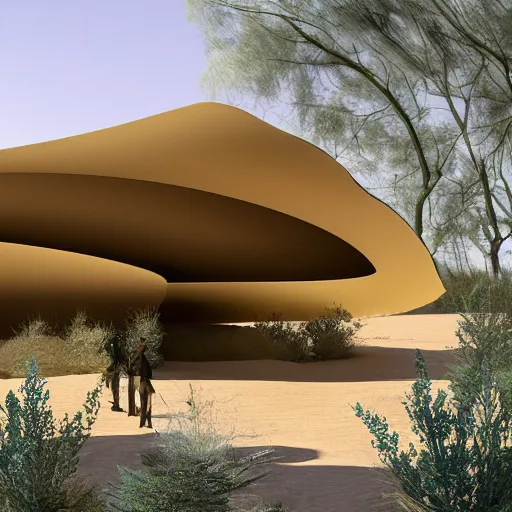 Prompt: architectural rendering of biophilia building in the desert, biomimetry shape, peaceful