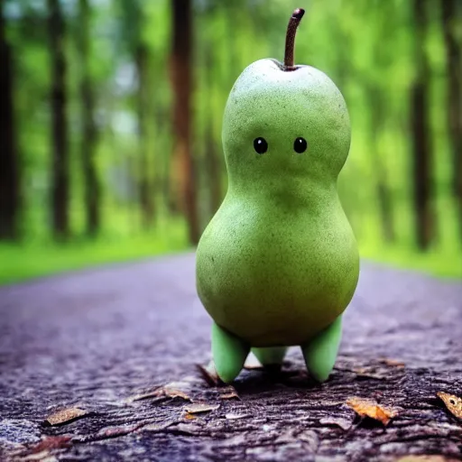 Image similar to a cute green pear animal walking in front of a forest, and looking at the camera ; pear skin ; nature photography