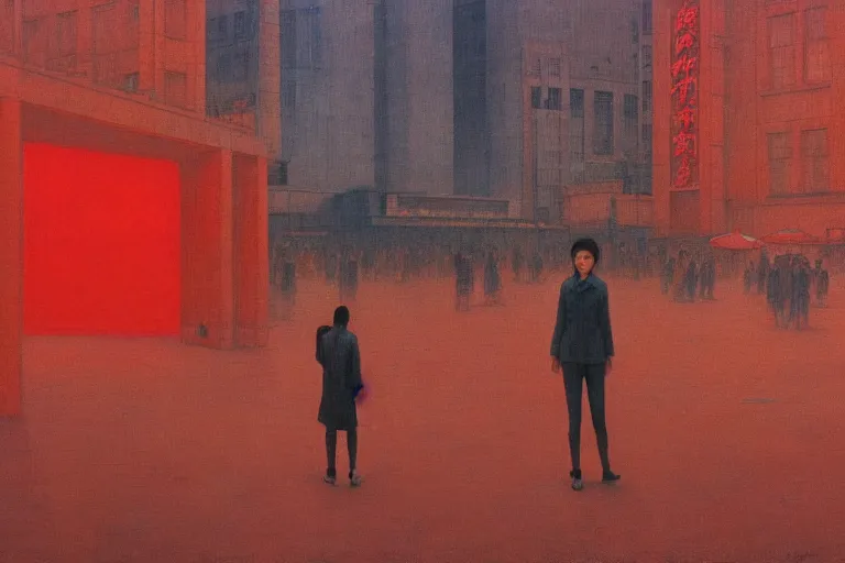 Image similar to top shot of a asian female standing center in the communist city square, crowd surround her, in the style of beksinski, parts by edward hopper, parts by rodcenko, parts by yue minjun, intricate and epic composition, insanely quality, highly detailed, masterpiece, red and yellow light, artstation, 4 k