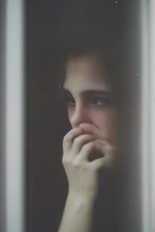 Image similar to kodak portra 4 0 0 photograph of a person looking out through their window, eyes, beautiful eyes, stunning eyes, close up, telephoto, faded effect, grain,