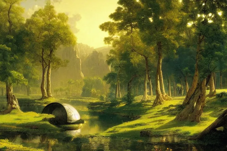 Image similar to Very beautiful painting by Albert Bierstadt and City Hunter anime HD and Naïve Art HD and Toei animation backgrounds, a beautiful landscape of the french countryside with a big science fiction spherical factory on a hill, nice lighting, soft and clear shadows, low contrast, perfect