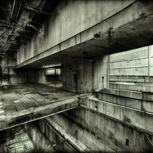 Image similar to scifi brutalist industrial complex, overgrown, photograpgy