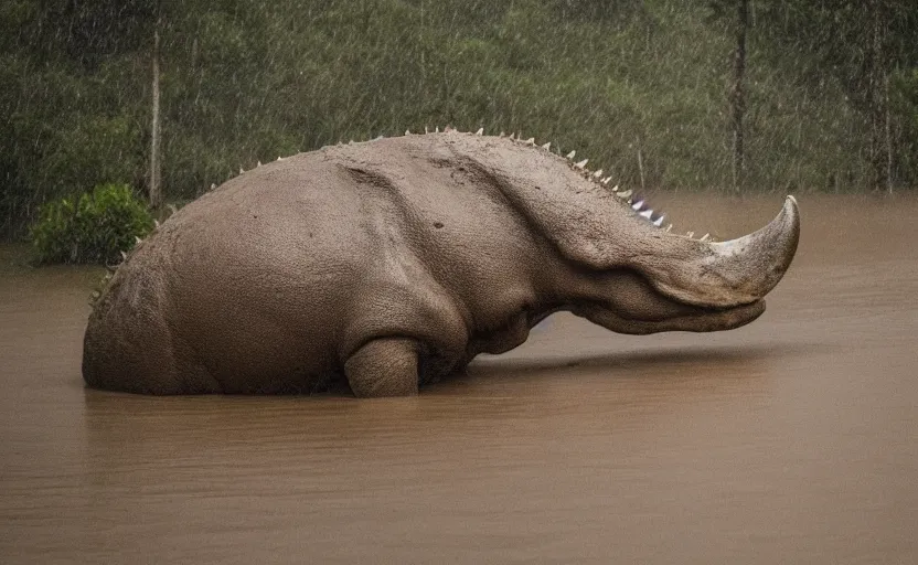 Prompt: nature photography of a rain soaked triceratops in flood waters, african savannah, rainfall, muddy embankment, fog, digital photograph, award winning, 5 0 mm, telephoto lens, national geographic, large eyes