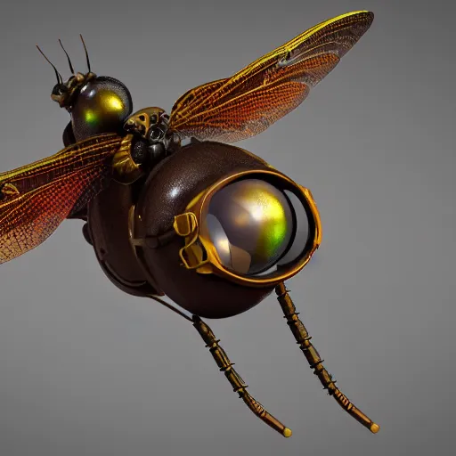 Image similar to close up of a dragonfly wearing steampunk goggles, photorealistic 3D render