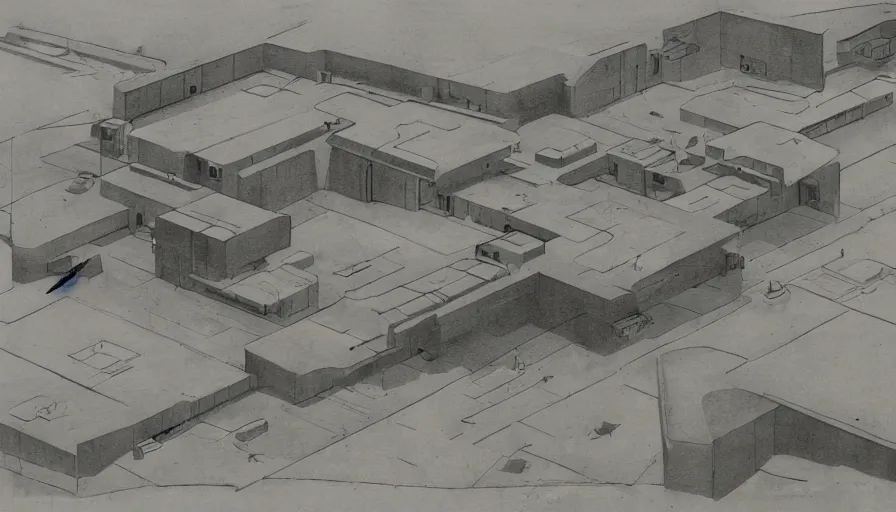 Image similar to big brutalist military base, drawing architecture, very long shot, top angle