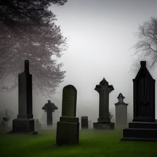 Image similar to memorial statues in a gothic cemetery at dusk, dramatic, gloomy, volumetric light, ground mist