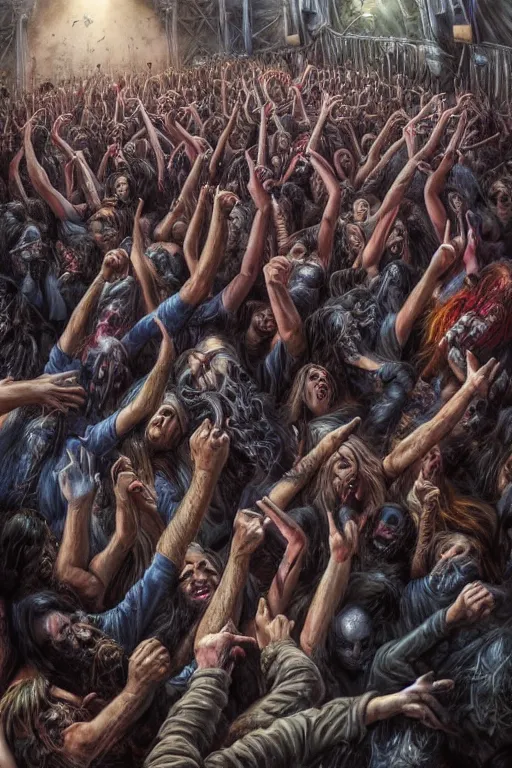 Image similar to a death metal band playing on woodstock, mosh pit, wide angle, super highly detailed, professional digital painting, artstation, concept art, smooth, sharp focus, no blur, no dof, extreme illustration, Unreal Engine 5, Photorealism, HD quality, 8k resolution, cinema 4d, 3D, beautiful, cinematic, art by artgerm and greg rutkowski and alphonse mucha and loish and WLOP