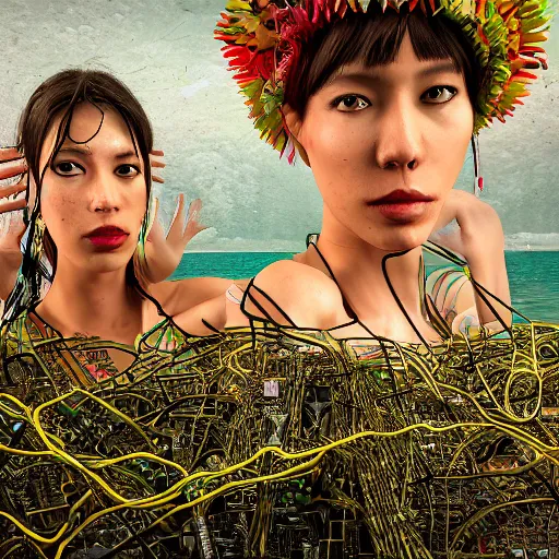 Prompt: deeper into the metaverse we go, piles of modular synth cables mixed with mangrove roots, two kawaii puerto rican goddesses reaching out wearing a headpiece made of circuit boards, by cameron gray, wlop, stanley kubrick, masamune, hideki anno, jamie hewlett, unique perspective, trending on artstation, 3 d render, vivid