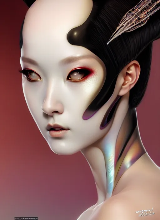 Image similar to organic seductive Geisha cyborg, pearlescent skin, diffuse lighting, fantasy, intricate, elegant, highly detailed, lifelike, photorealistic, digital painting, artstation, illustration, concept art, different full body view, smooth, sharp focus, art by John Collier and Albert Aublet and Leonardo da vinci and Krenz Cushart and Artem Demura and Alphonse Mucha