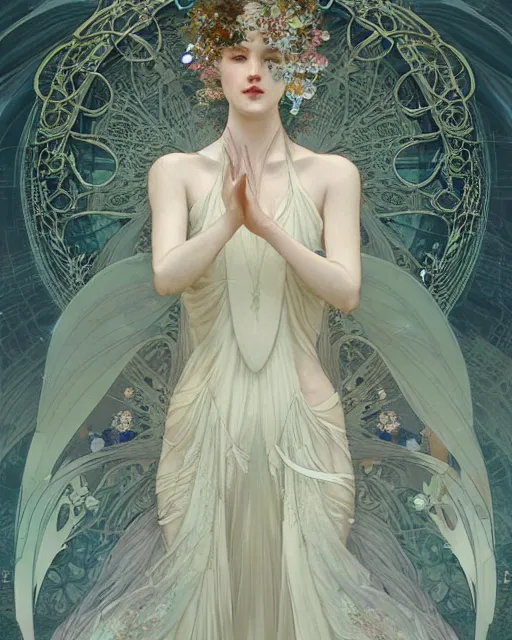 Image similar to Ethereal Floralpunk elysian Maiden of radiant light wearing ivory lace dress made of stardust masterpiece digital illustration by Ruan Jia and yasumoto oka, award winning, Artstation, art nouveau aesthetic, Alphonse Mucha background, intricate details, realistic, full view, Hyperdetailed, 8k resolution, Artstation, behance