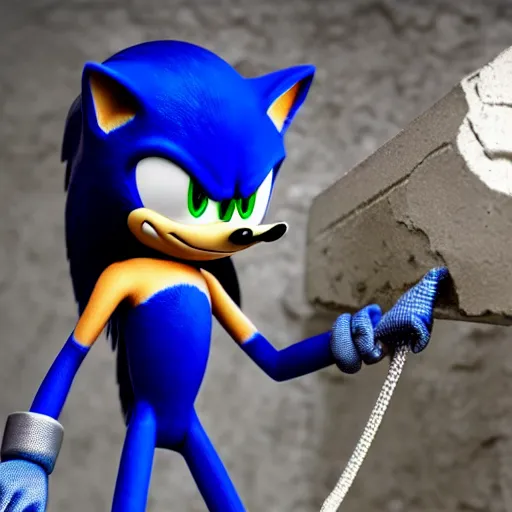 Image similar to sonic the hedgehog pilots a spider mecha, extremely detailed, climbing up a concrete wall, photorealistic,