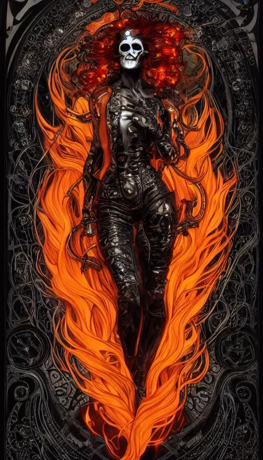 Image similar to a finely detailed beautiful!!! feminine cyberpunk ghost rider with skull face and long flowing hair made of fire and flames, dressed in black leather, by Alphonse Mucha, designed by H.R. Giger, legendary masterpiece, stunning!, saturated colors, black background, full body portrait, zoomed out to show entire figure, trending on ArtStation