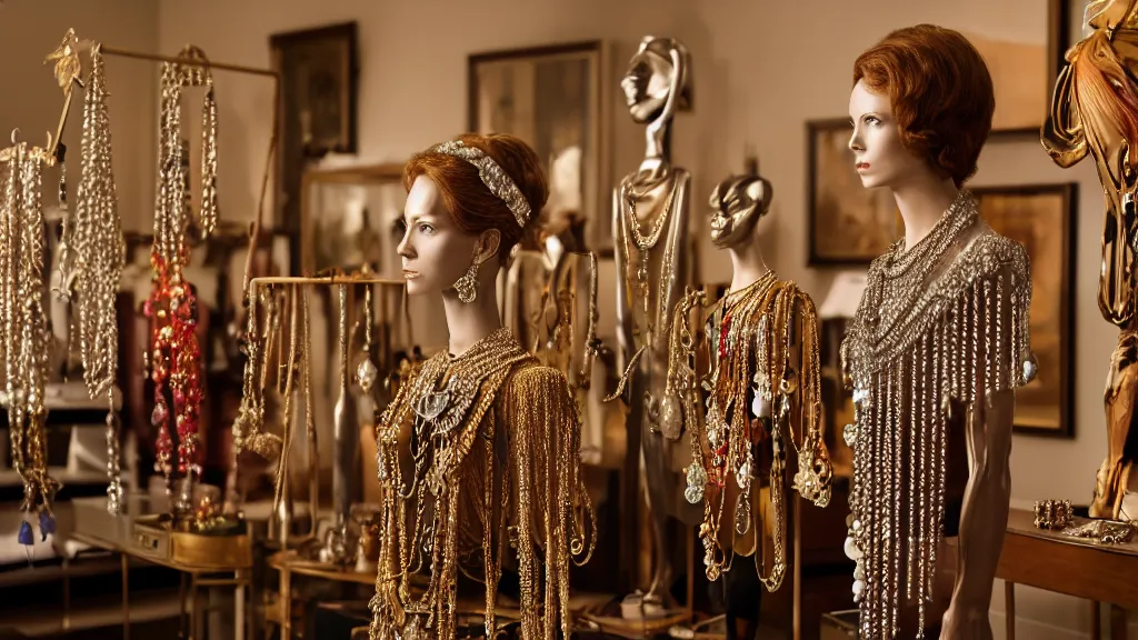 Image similar to a woman made of jewelry stands in the living room, film still from the movie directed by Denis Villeneuve with art direction by Salvador Dalí, wide lens, 4K, realistic