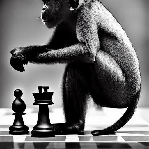 Prompt: black and white portrait photo of a monkey eating a chess piece by annie liebovitz,
