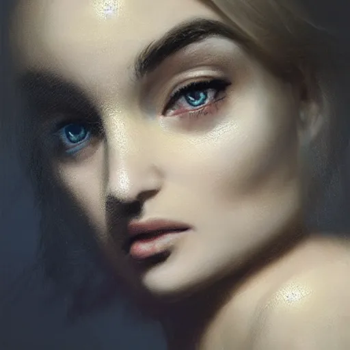 Image similar to a face portrait of kim petras, fantasy setting, stone face, dim colors, soft lighting, atmospheric, cinematic, moody, in the style of diego koi, gina heyer, luiz escanuela, art by alyssa monk, hyperrealism, rule of thirds, golden ratio, oil on canvas