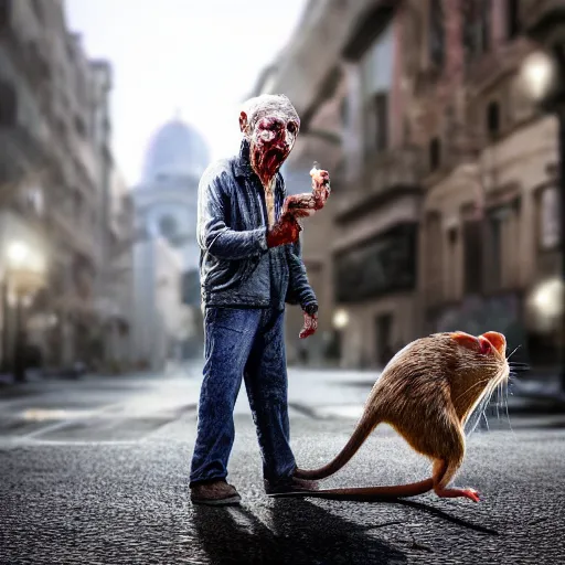 Image similar to an ultra realistic 8 k hdr photo of an elderly haggered raggedy zombie sniffing a rat on a city street