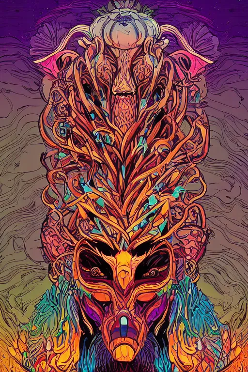 Image similar to animal mask totem roots tribal feather gemstone plant wood rock shaman vodoo video game vector illustration vivid multicolor borderlands comics by josan gonzales and dan mumford radiating a glowing aura