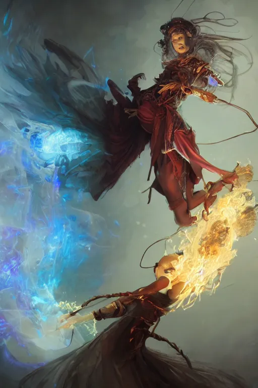 Image similar to beautiful girl necromancer, witch - doctor exploding into flowers fire crystal dress, angels, 3 d render, hyper - realistic detailed portrait, holding fire and electricity, ruan jia, wlop. scifi, fantasy, magic the gathering, hyper detailed, octane render, concept art by artgerm, peter mohrbacher