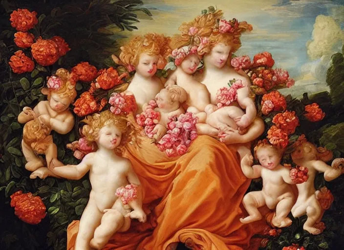 Image similar to cheeto's, extremely detailed, cheeto's surrounded by flowers and cherubs, a baroque painting, rococo style