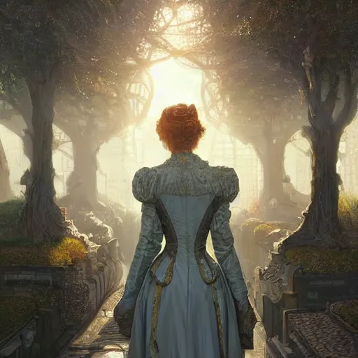 Prompt: portrait of a victorian lady in a futuristic city, from behind, streets, birds in the sky, sunlight and rays of light shining through trees, tall buildings on the sides, beautiful, solarpunk!!!, highly detailed, digital painting by Michael Giancola