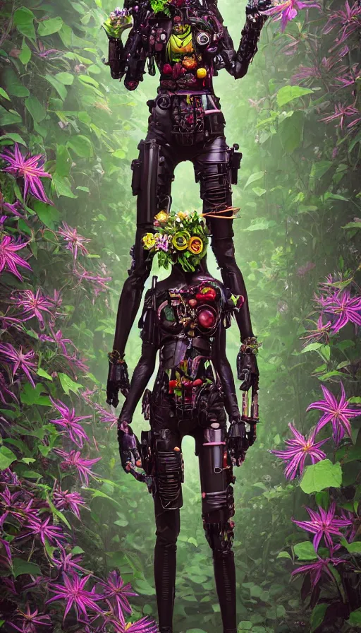 Image similar to full body head to toe portrait of a flowerpunk sci-fi cyborg spy, third person, D&D, sci-fi fantasy, intricate, red VR goggles, lily and clematis vines and sunflower, highly detailed, art by Range Murata, highly detailed, 3d, octane render, bright colors, digital painting, trending on artstation, sharp focus, illustration style of Stanley Artgerm, dramatic background