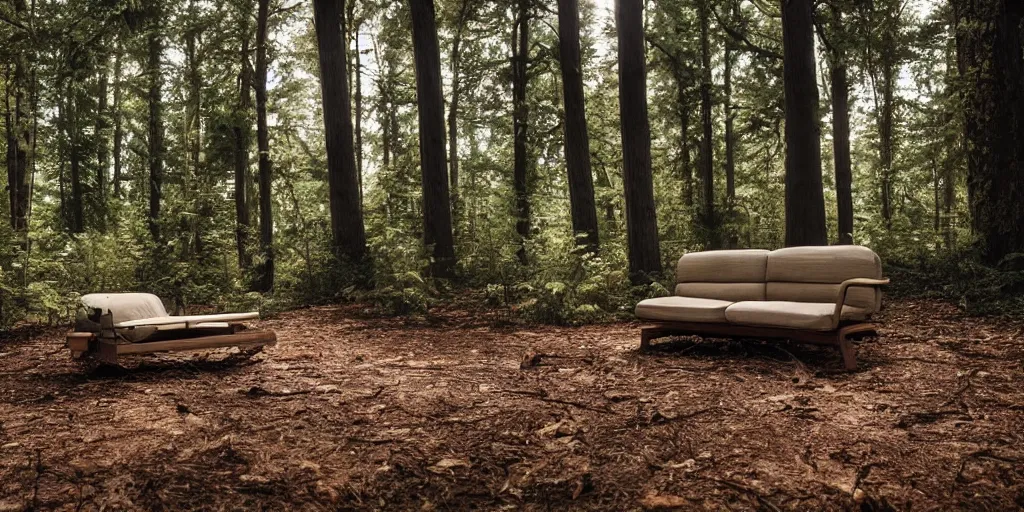 Image similar to a couch in the middle of a forest, beautiful ambient light, 8k photography