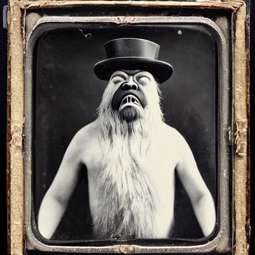 Image similar to a vintage wet plate portrait of a dignified bigfoot with a top hat and cane, extremely detailed, by james van der zee!!!!!!!!!!!!!!!!!!