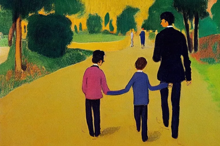 Image similar to a very tall man with dark hair holding the hands of a short young boy with dark hair as they walk down a suburban highway on a bright beautiful colorful day. part in the style of an edgar degas painting. part in the style of david hockney