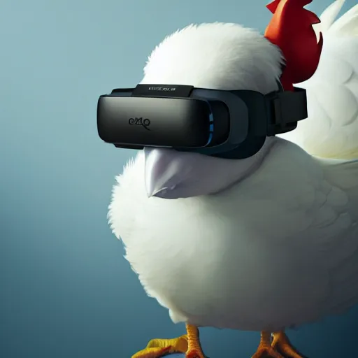 Prompt: a chicken animal wearing a small chicken-sized Oculus Quest VR headset on its head over its eyes. By Makoto Shinkai, Stanley Artgerm Lau, WLOP, Rossdraws, James Jean, Andrei Riabovitchev, Marc Simonetti, krenz cushart, Sakimichan, trending on ArtStation, digital art. Animal photo.