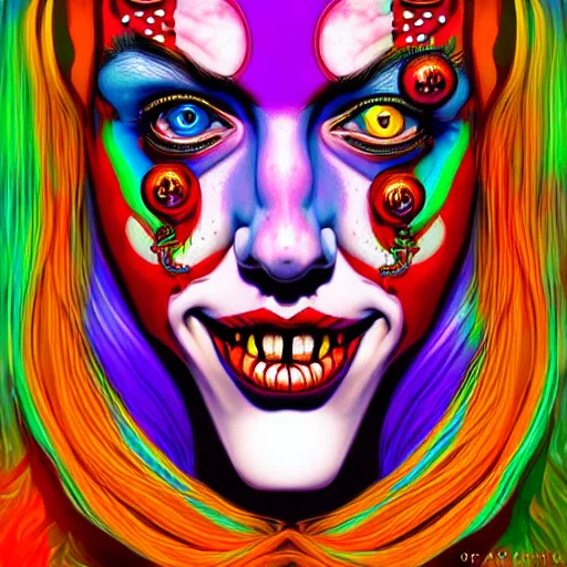 Image similar to an extremely psychedelic portrait of harley quinn as medusa, surreal, lsd, face, detailed, intricate, elegant, lithe, highly detailed, digital painting, artstation, concept art, smooth, sharp focus, illustration